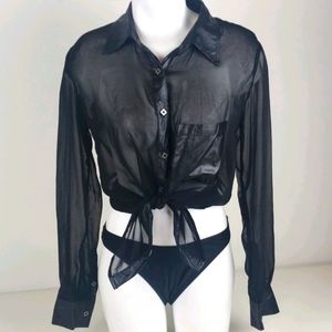 Uniq button down sheer black top blouse size small